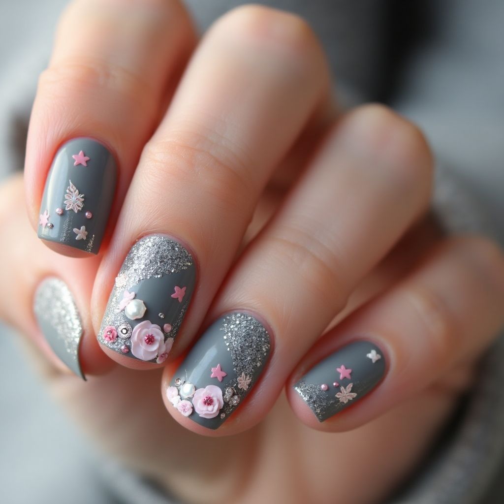 Charcoal Gray Mother's Day Nail Design