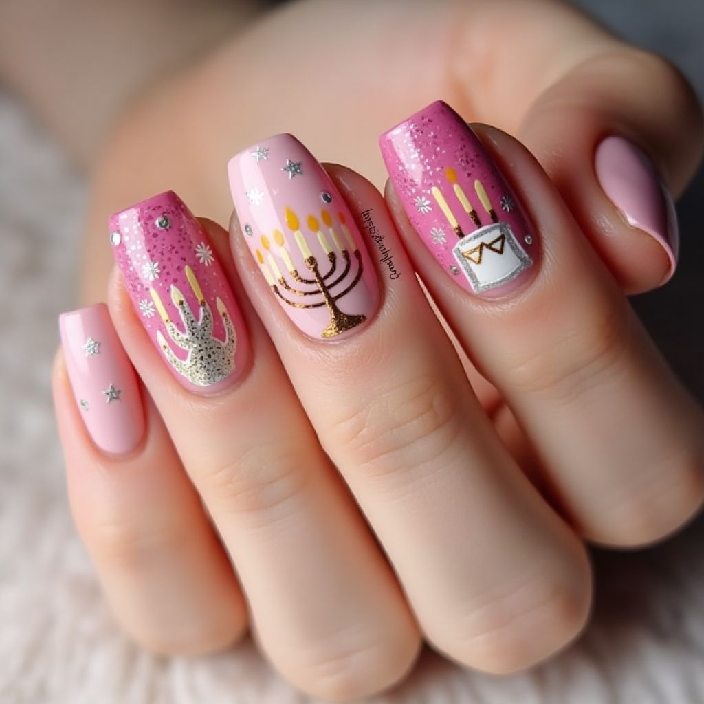 Pink Hanukkah Nail Design