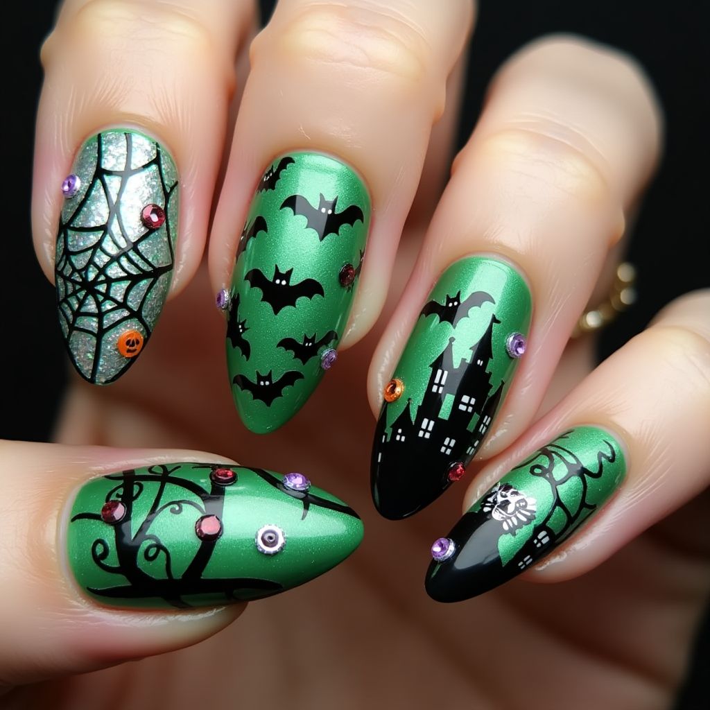 Emerald Green Halloween Nail Design
