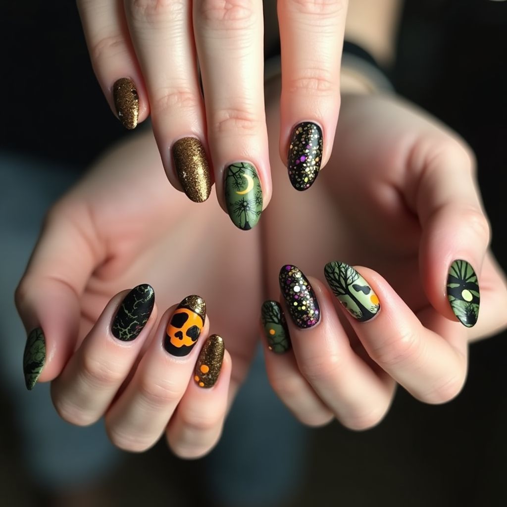 Olive Green Halloween Nail Design