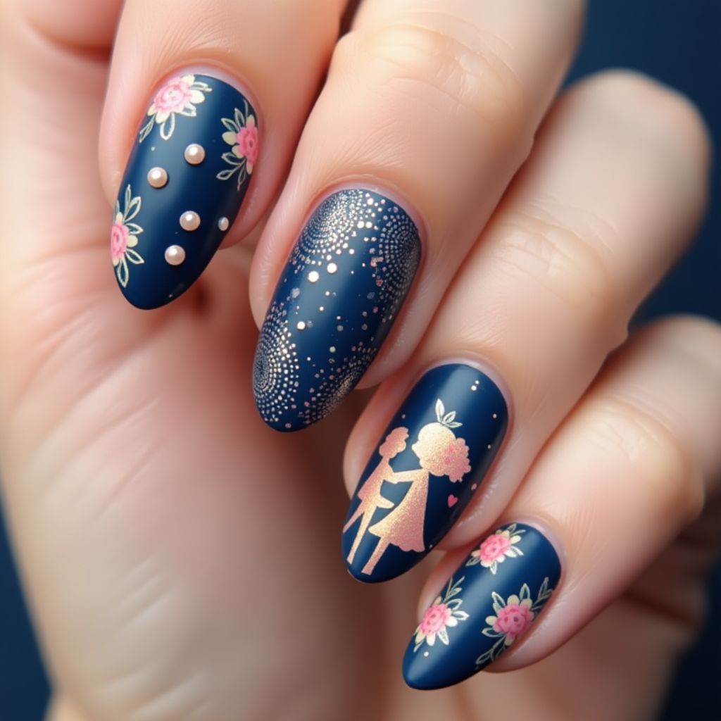 Navy Blue Mother's Day Nail Design