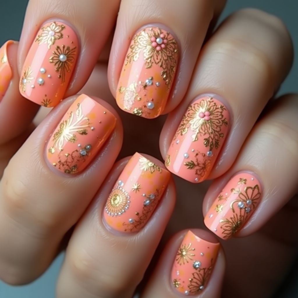 Peach Diwali Nail Design