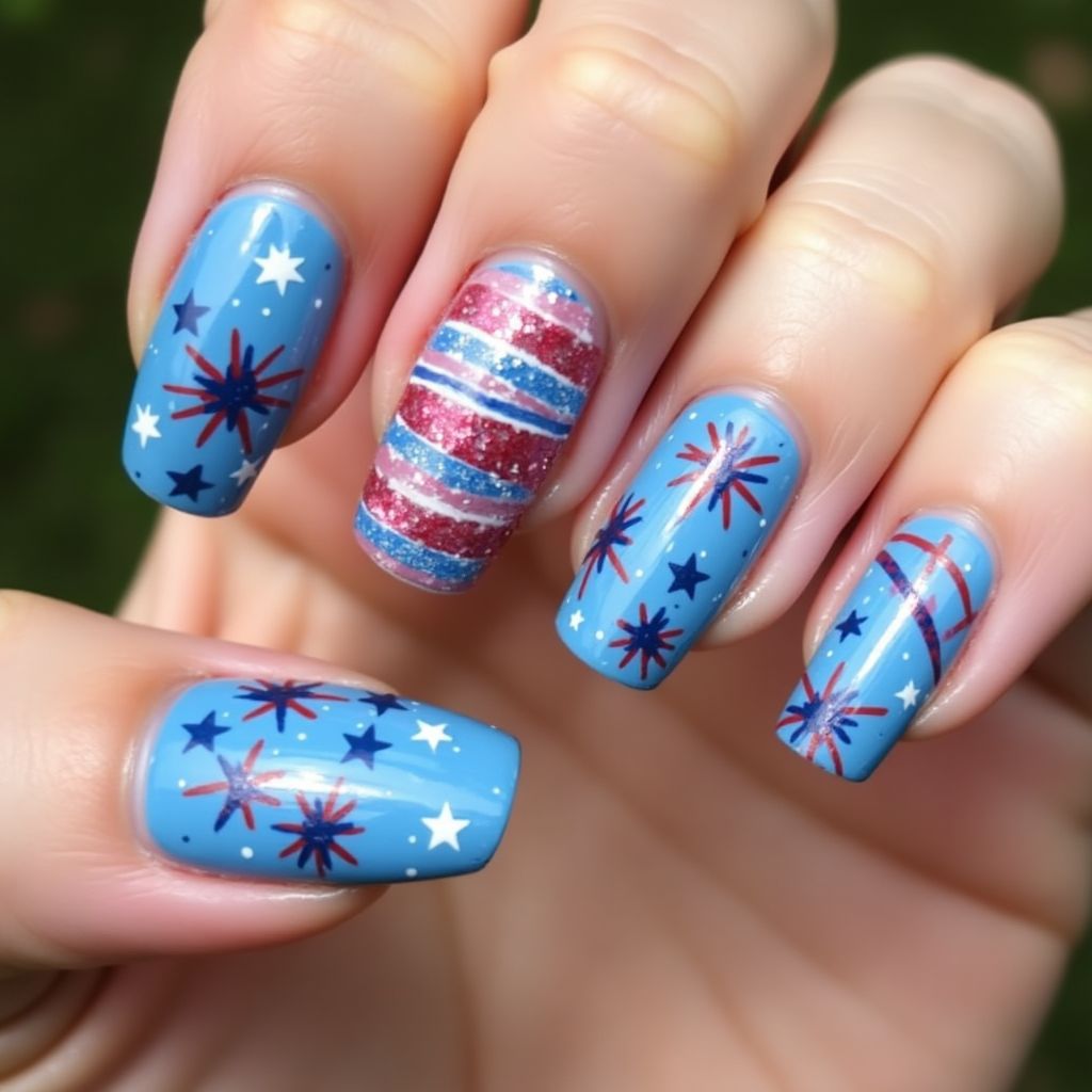 Sky Blue 4th Of July Nail Design