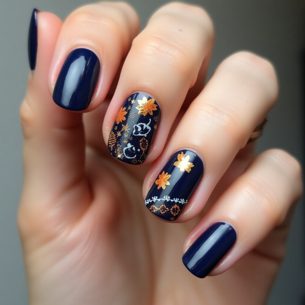 Navy Blue Thanksgiving Nail Design