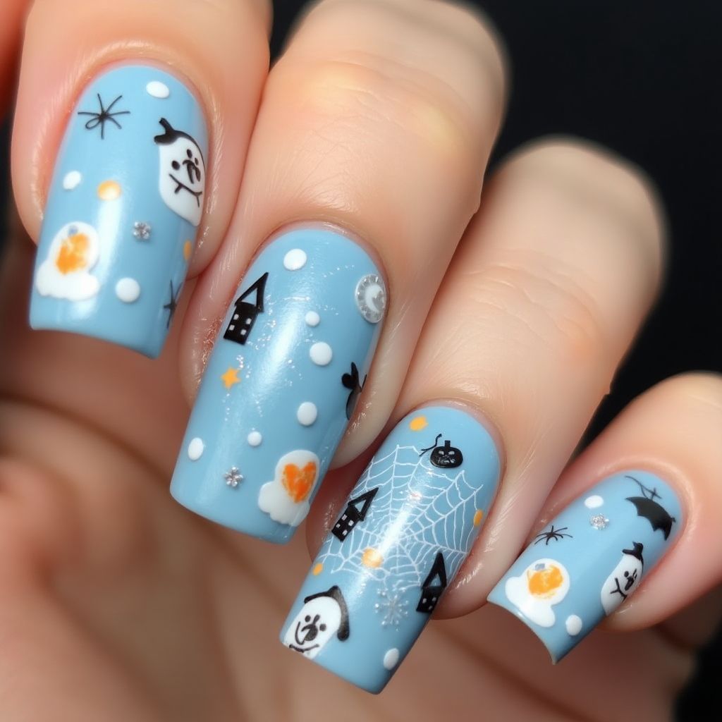 Pastel Blue Halloween Nail Design