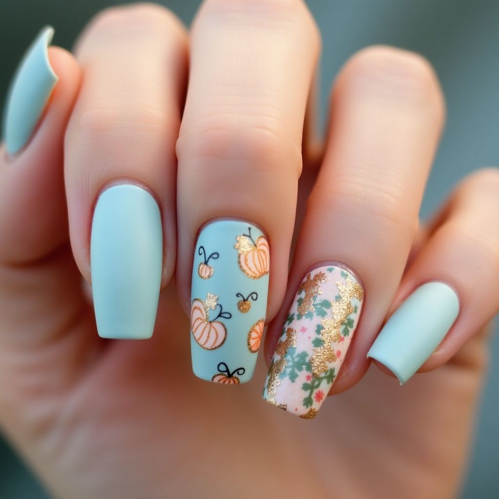 Pastel Blue Thanksgiving Nail Design