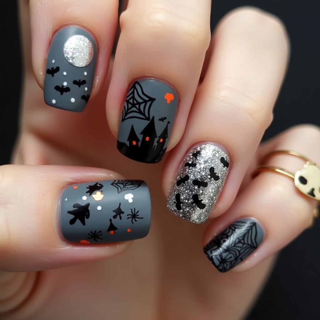 Charcoal Gray Halloween Nail Design