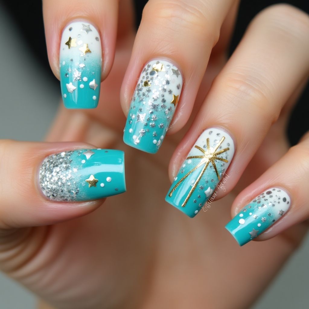 Turquoise New Year Nail Design