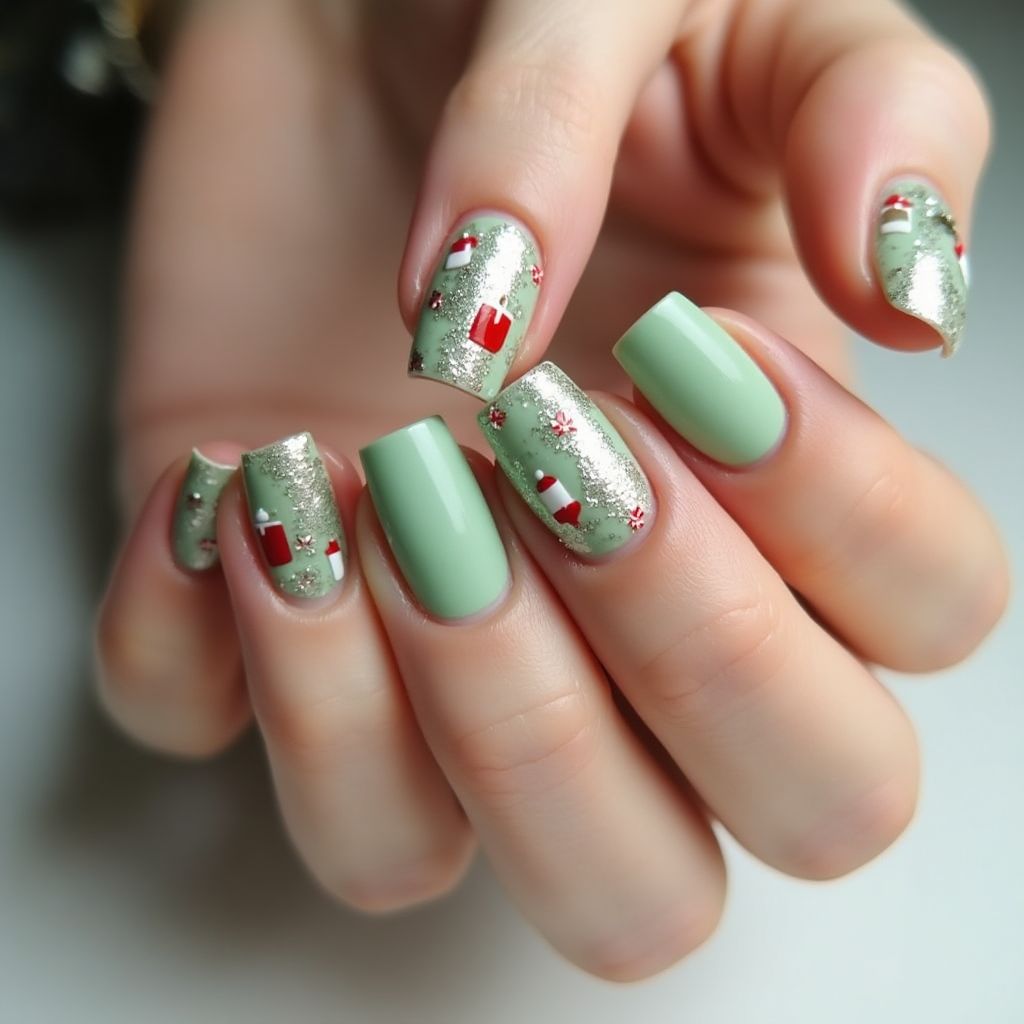 Pastel Green Christmas Nail Design