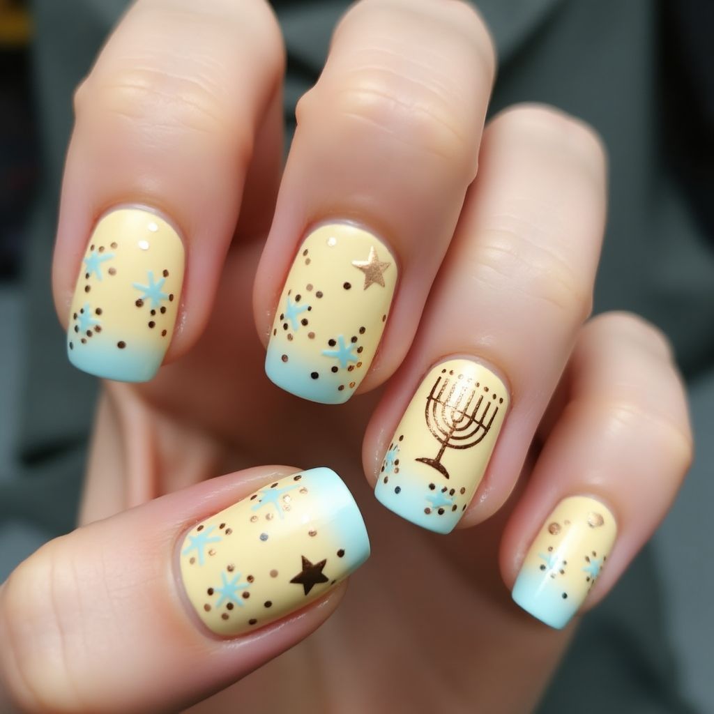 Pastel Yellow Hanukkah Nail Design