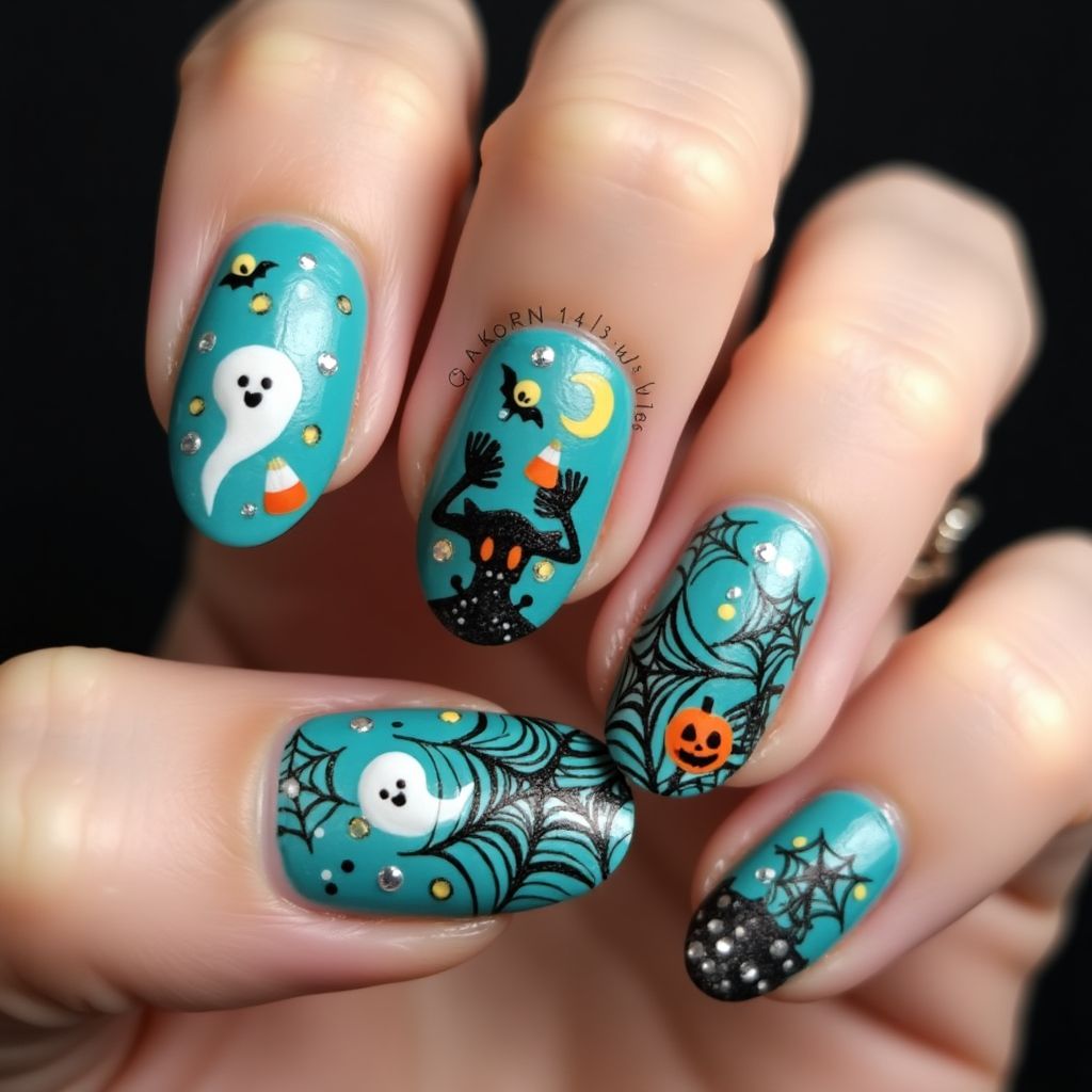 Turquoise Halloween Nail Design