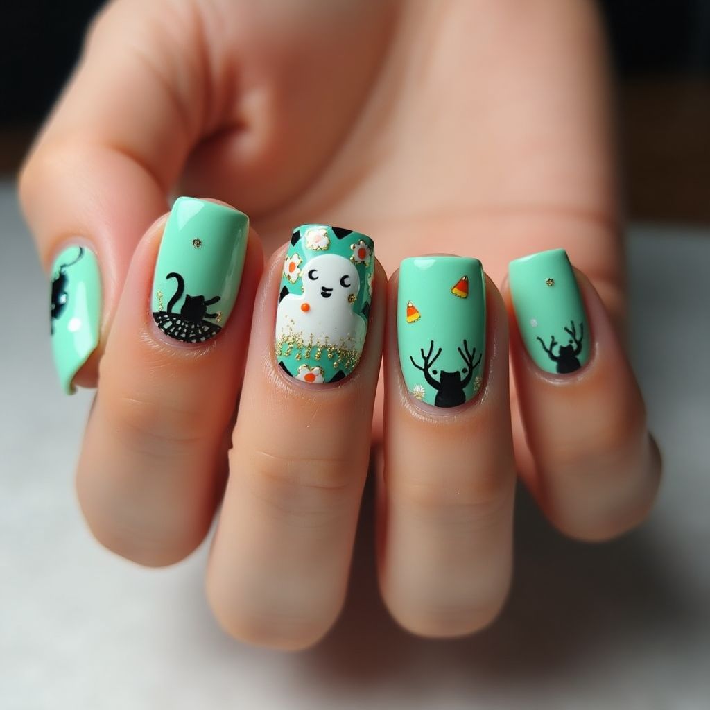 Mint Green Halloween Nail Design