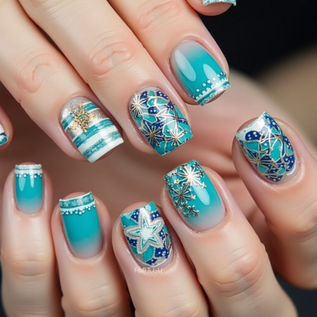 Turquoise Hanukkah Nail Design