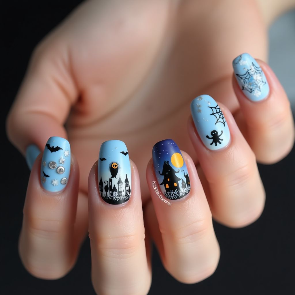 Sky Blue Halloween Nail Design