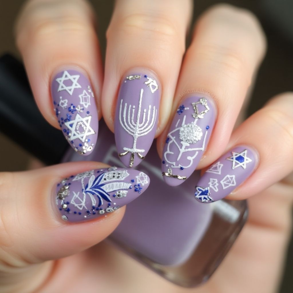 Lilac Hanukkah Nail Design