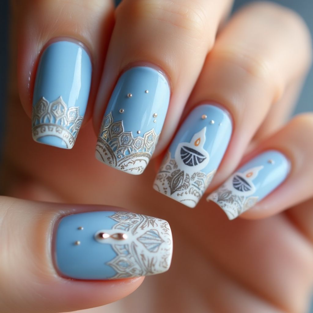 Pastel Blue Diwali Nail Design