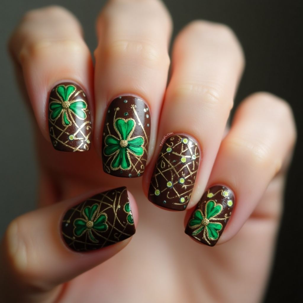 Chocolate Brown St Patrick's Day Nail Design