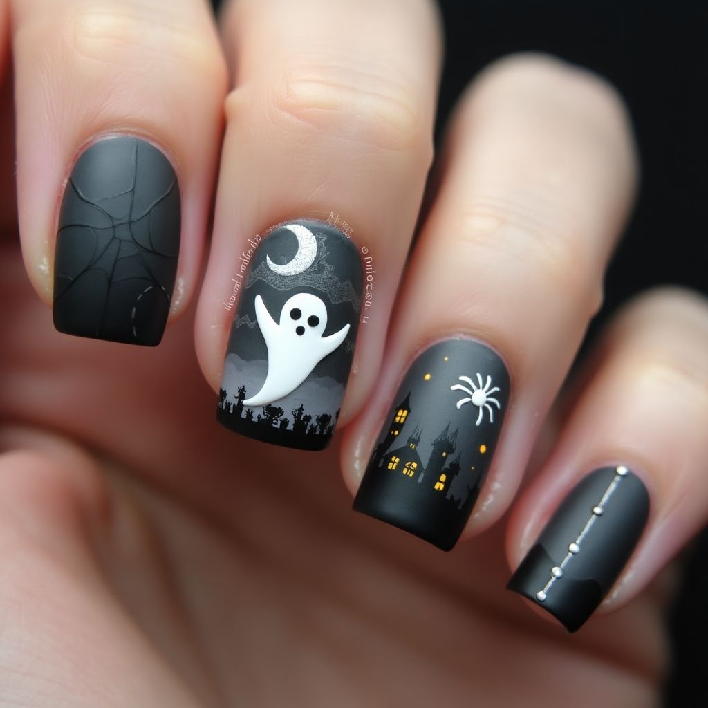 Charcoal Gray Halloween Nail Design