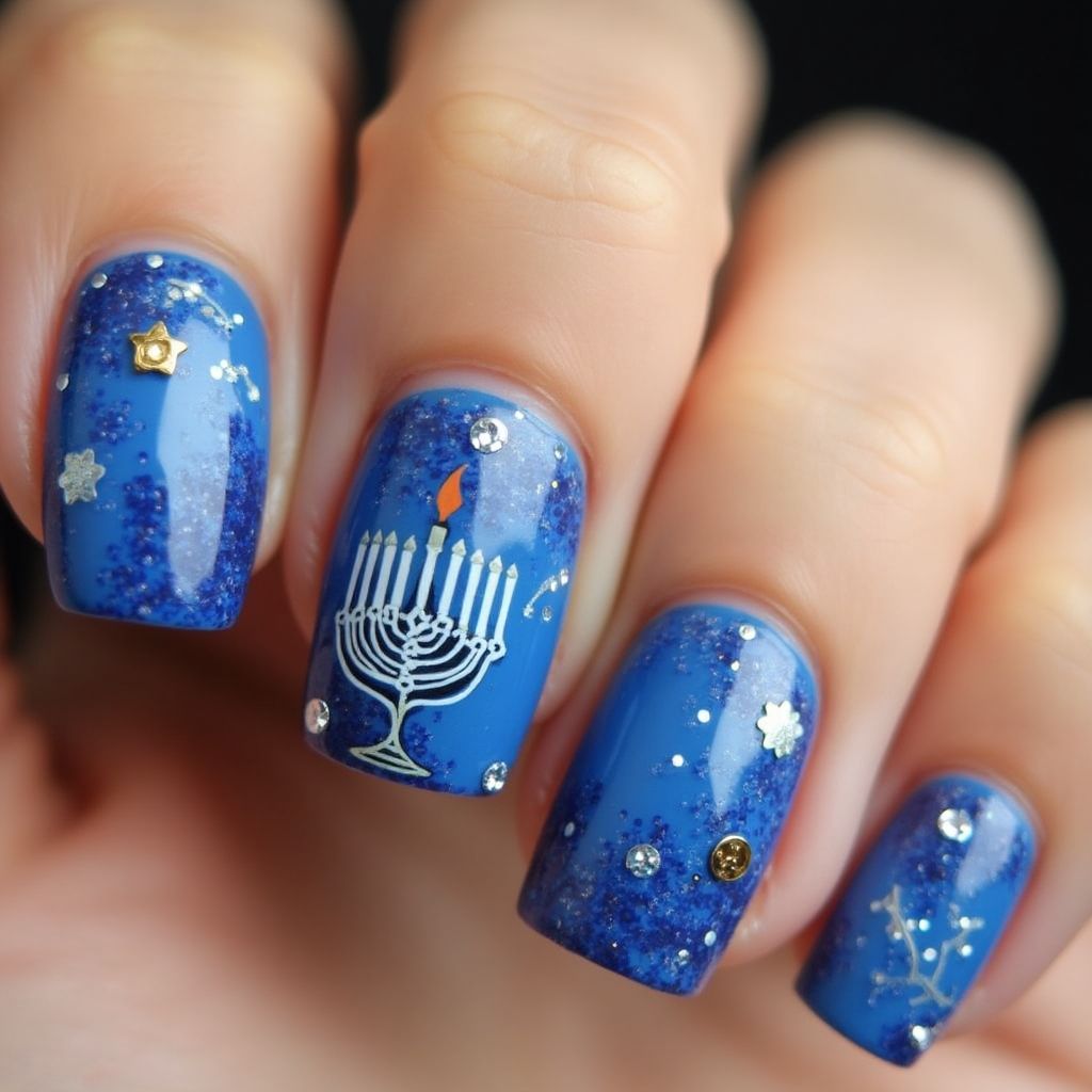 Blue Hanukkah Nail Design