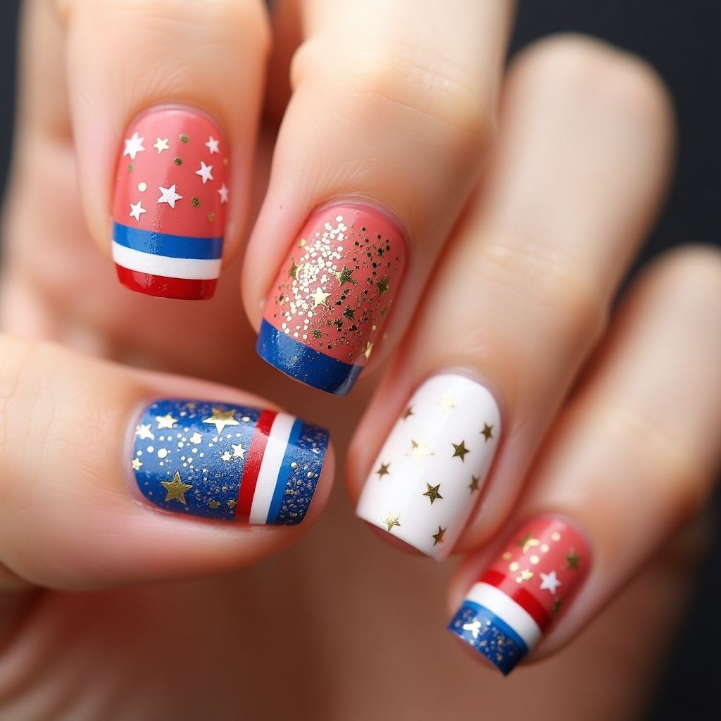 Coral 4th Of July Nail Design