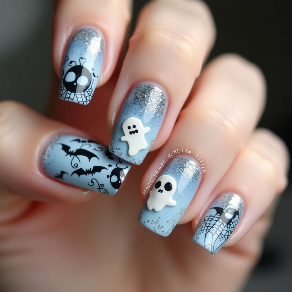 Pastel Blue Halloween Nail Design