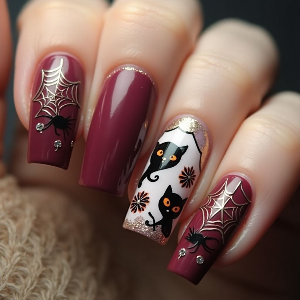 Burgundy Halloween Nail Design