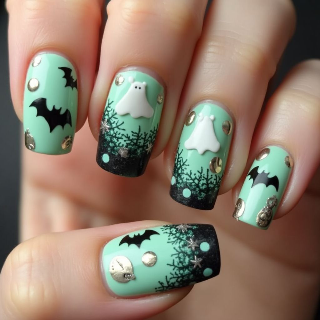 Mint Green Halloween Nail Design