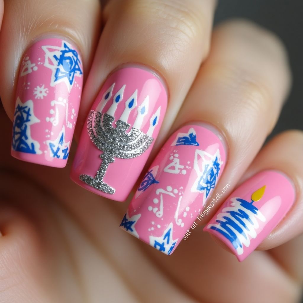 Hot Pink Hanukkah Nail Design