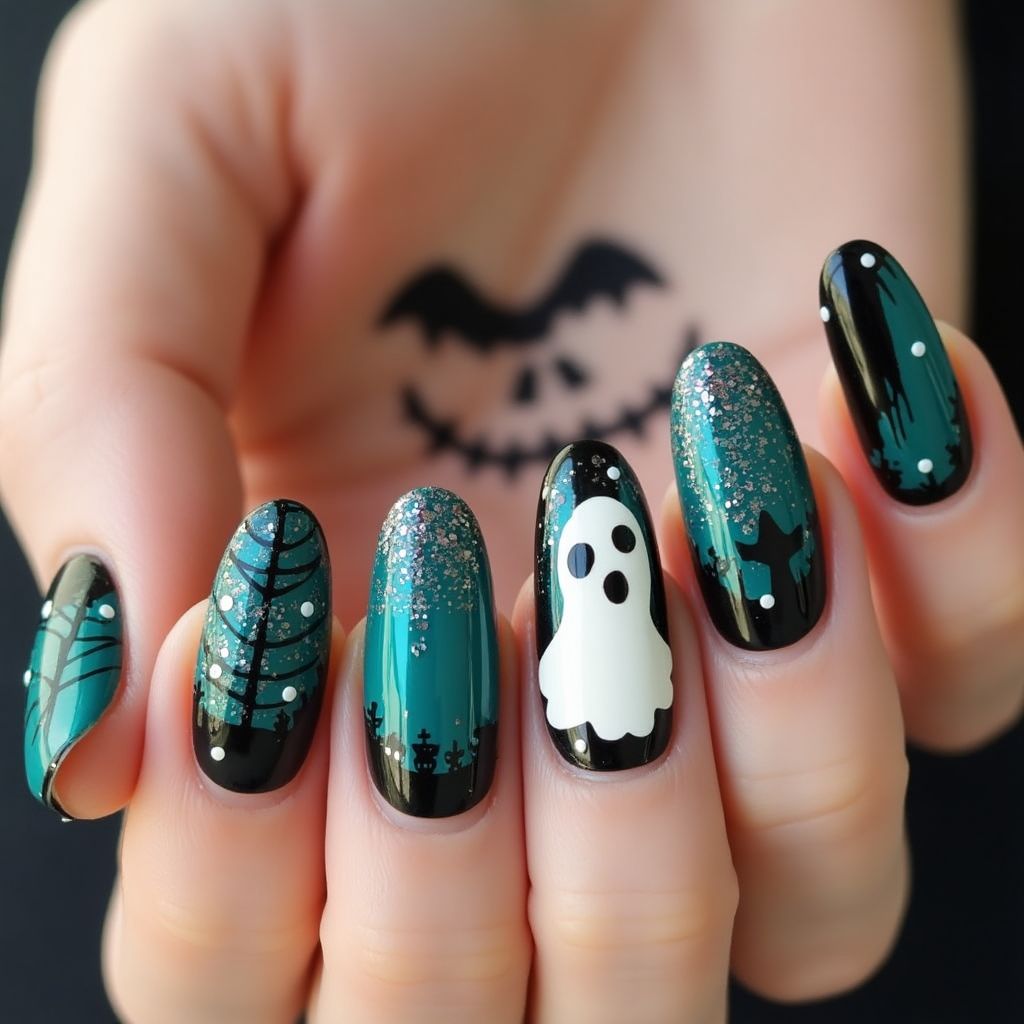 Teal Halloween Nail Design