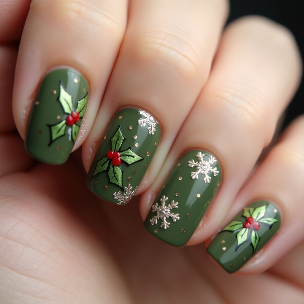 Olive Green Christmas Nail Design