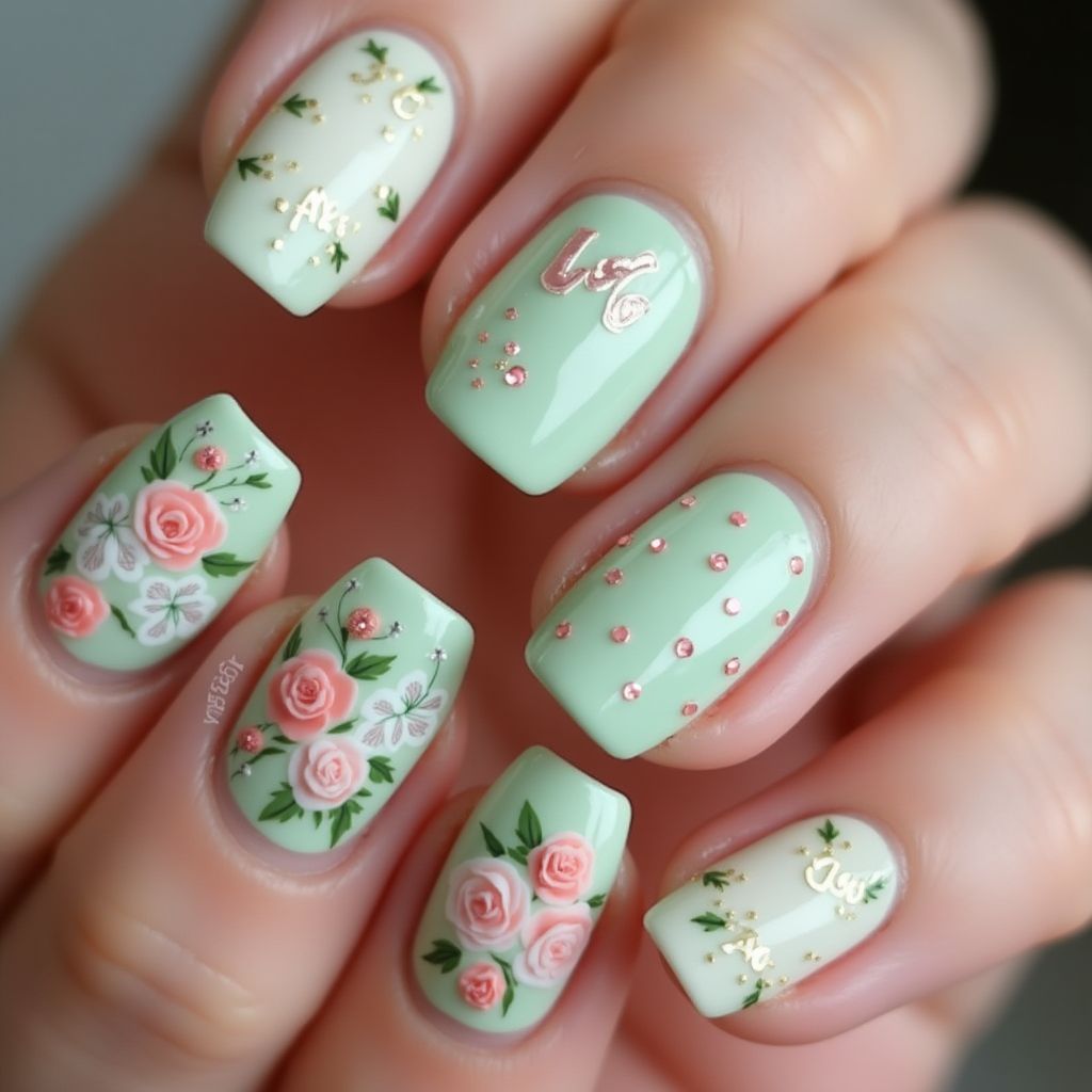 Pastel Green Valentine's Day Nail Design