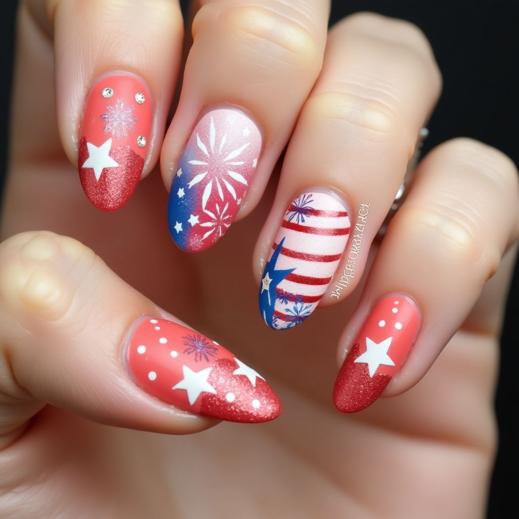 Coral 4th Of July Nail Design