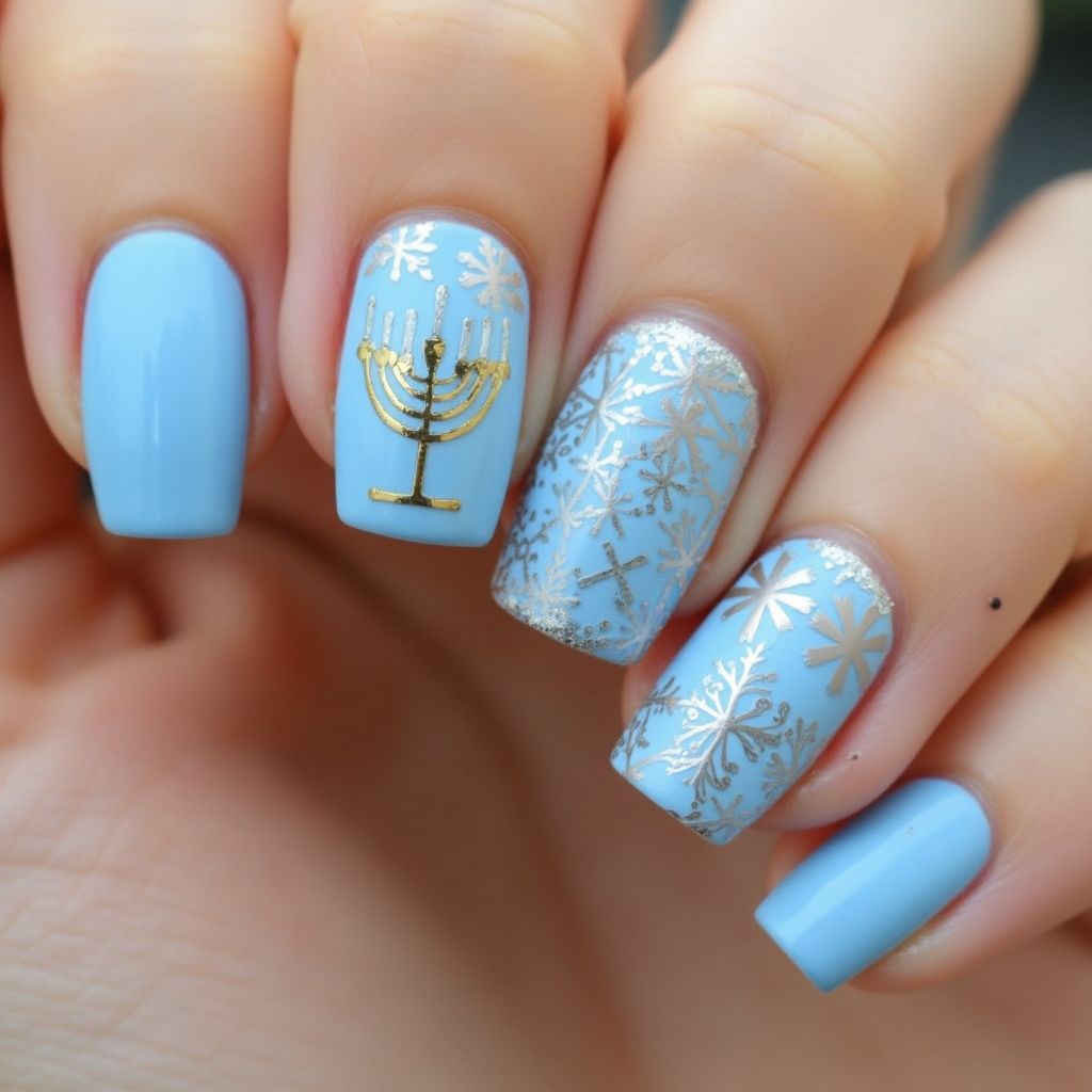 Pastel Blue Hanukkah Nail Design