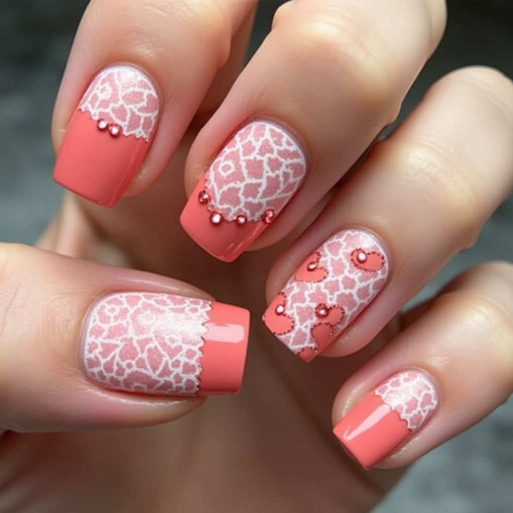 Coral Valentine's Day Nail Design