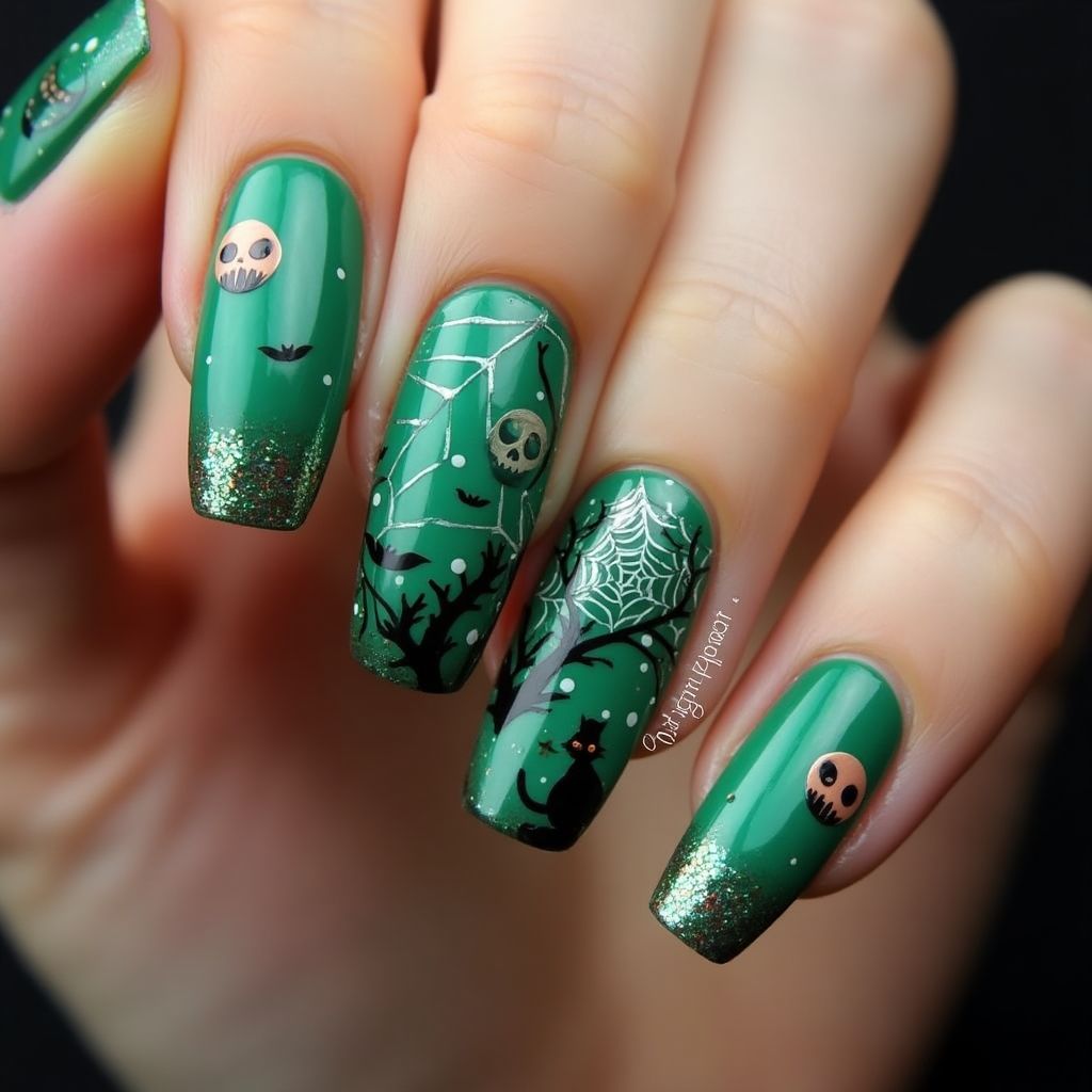 Emerald Green Halloween Nail Design