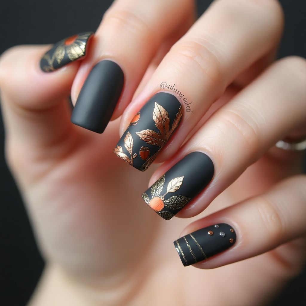 Charcoal Gray Thanksgiving Nail Design