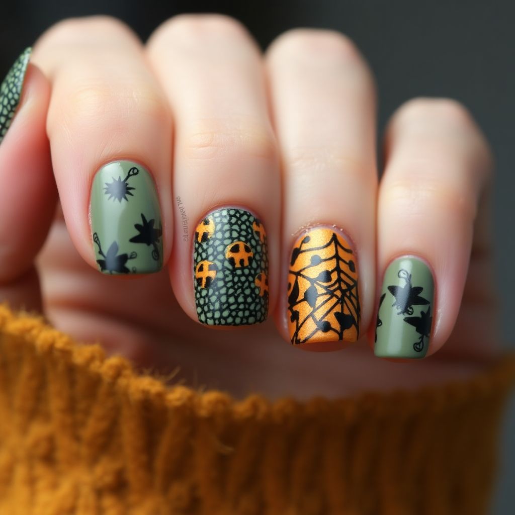 Olive Green Halloween Nail Design
