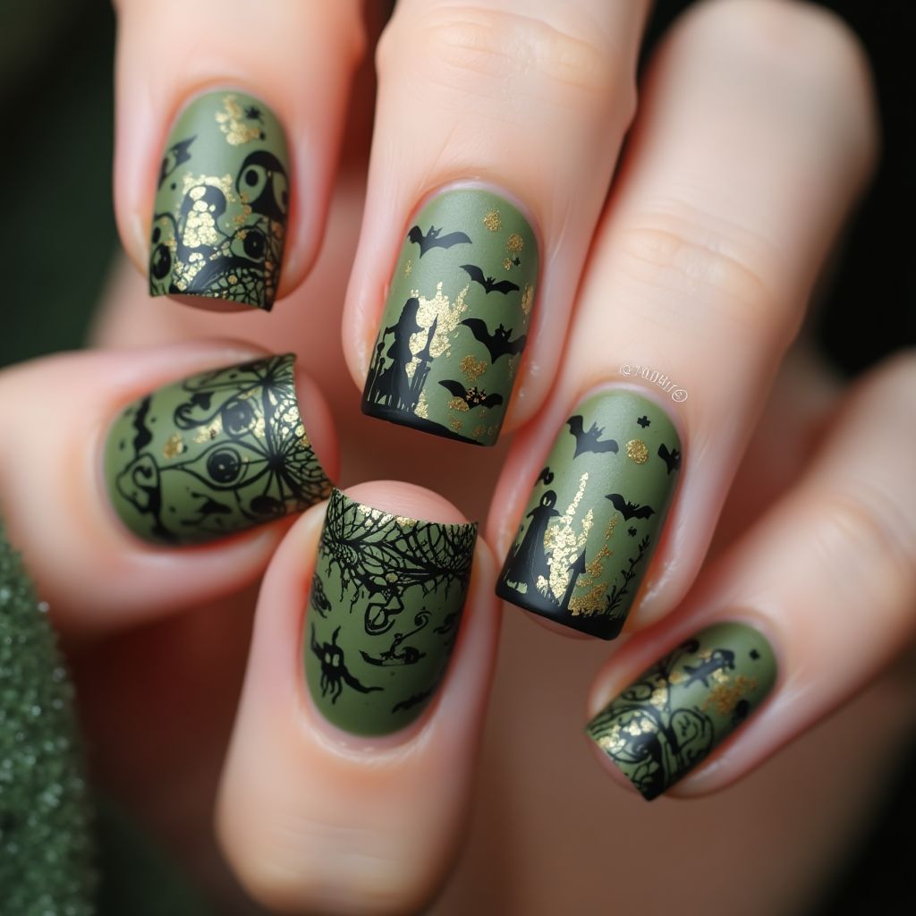 Olive Green Halloween Nail Design
