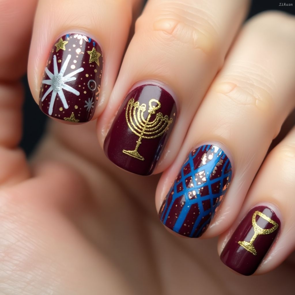 Burgundy Hanukkah Nail Design