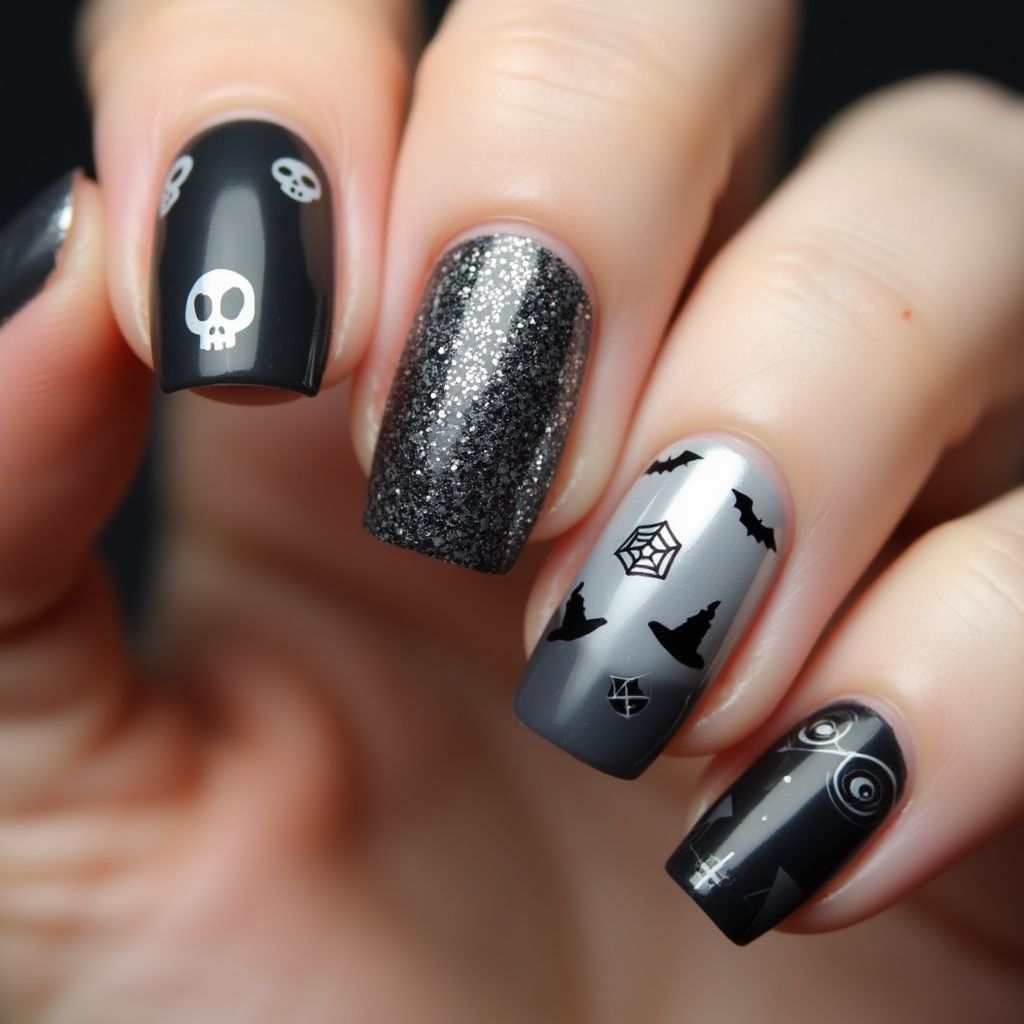 Charcoal Gray Halloween Nail Design