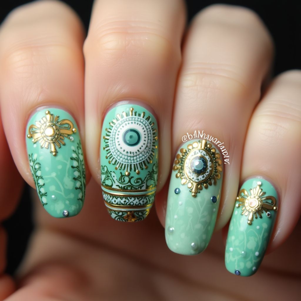 Mint Green Diwali Nail Design
