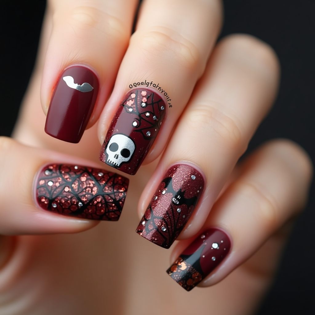 Burgundy Halloween Nail Design