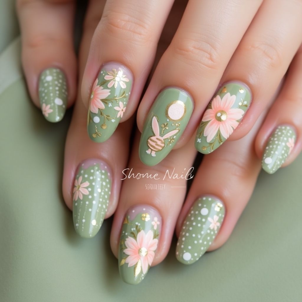Olive Green Easter Nail Design