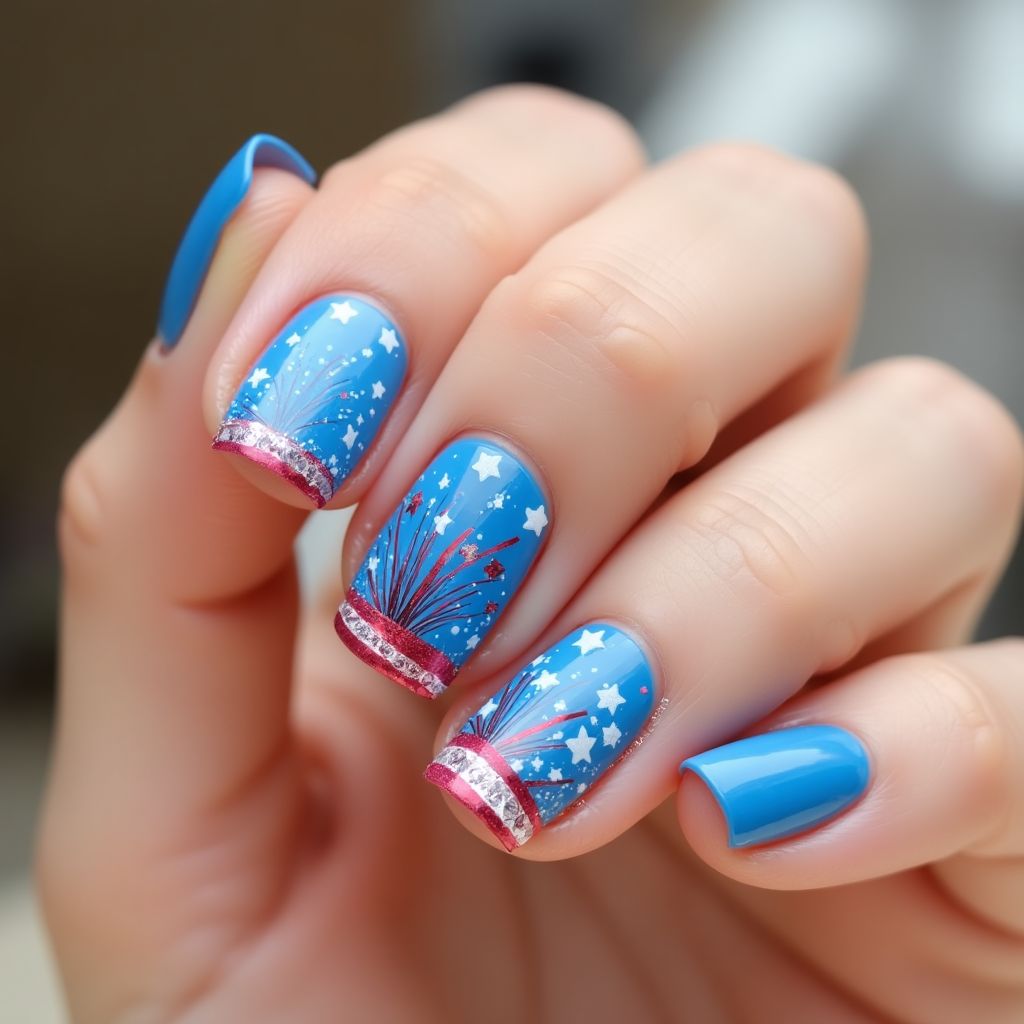 Sky Blue 4th Of July Nail Design