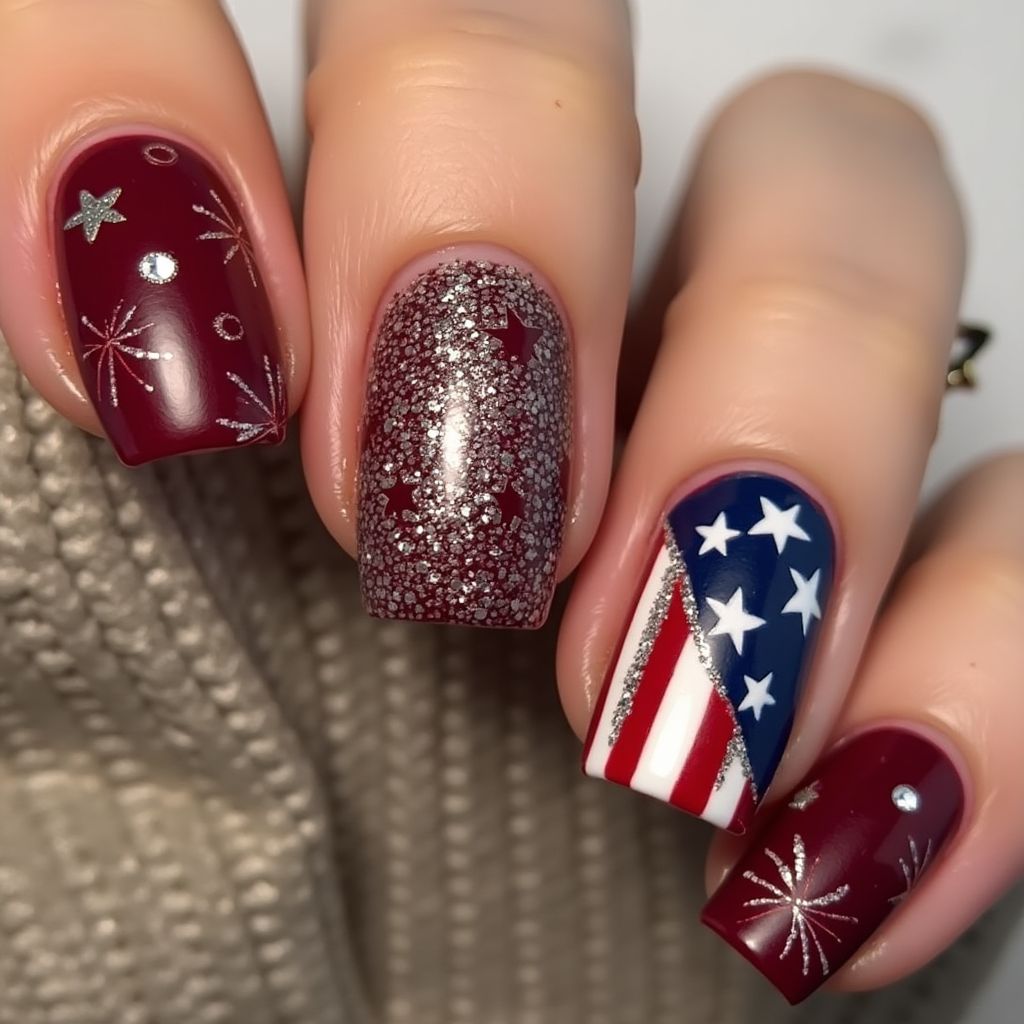Burgundy 4th Of July Nail Design
