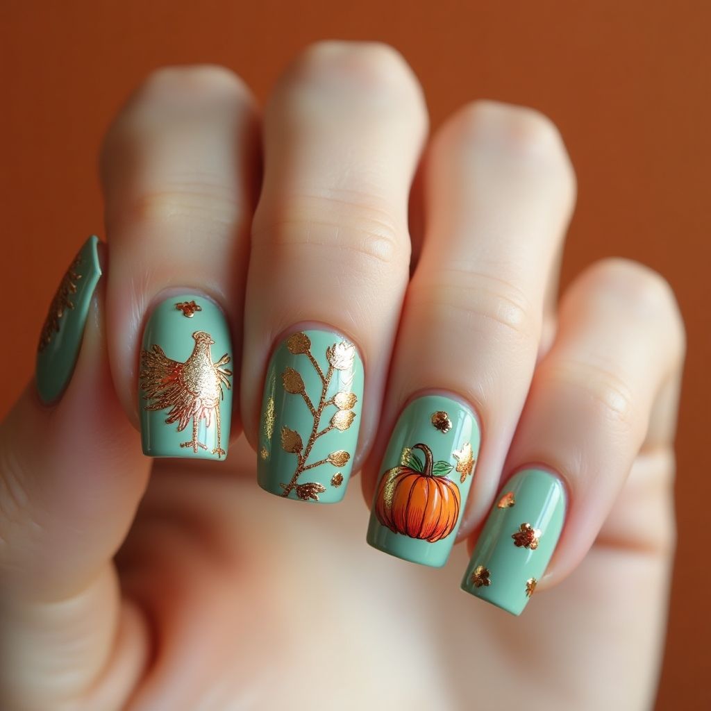 Mint Green Thanksgiving Nail Design