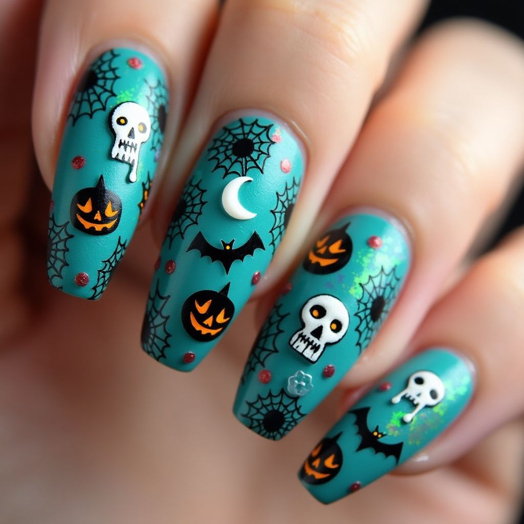 Turquoise Halloween Nail Design