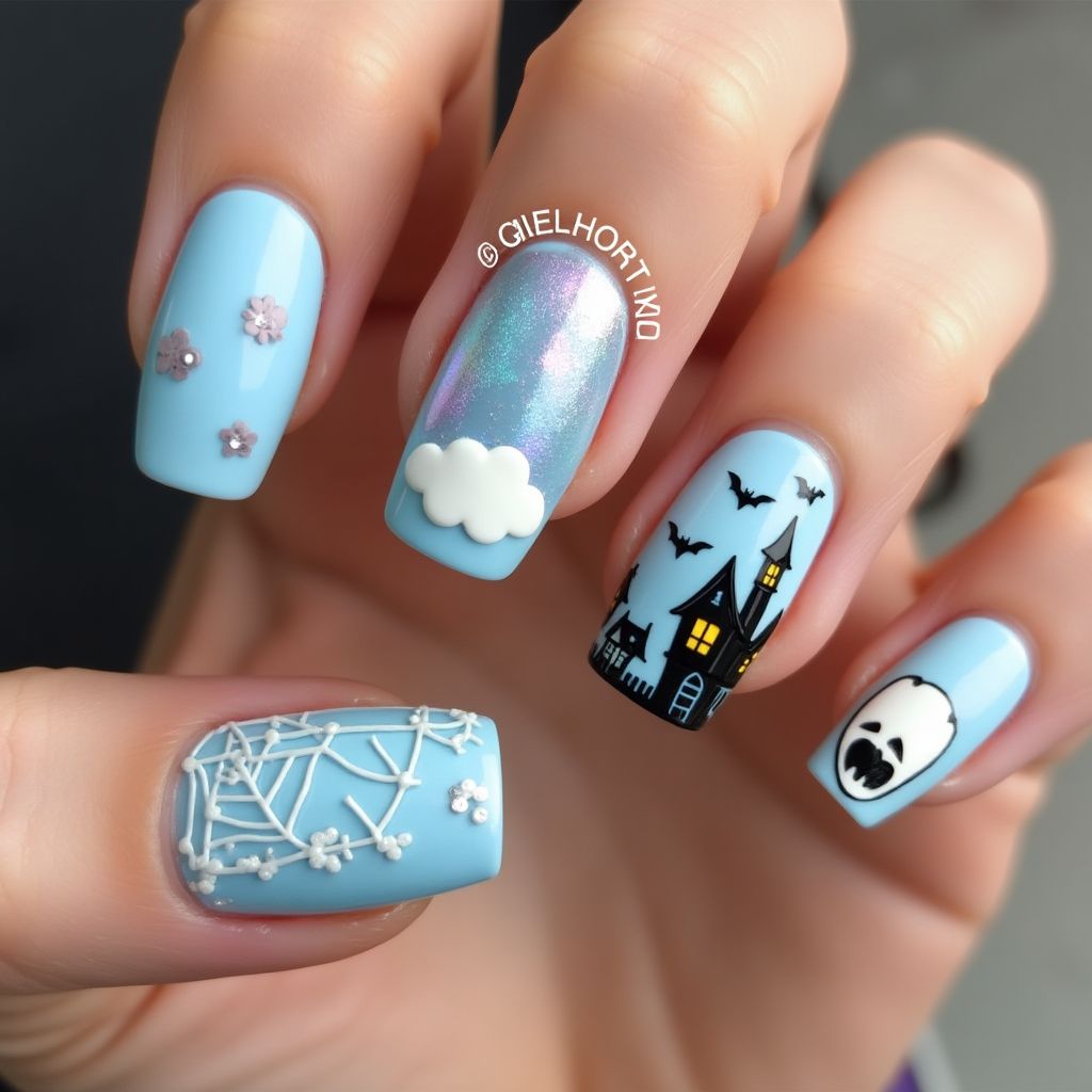 Pastel Blue Halloween Nail Design