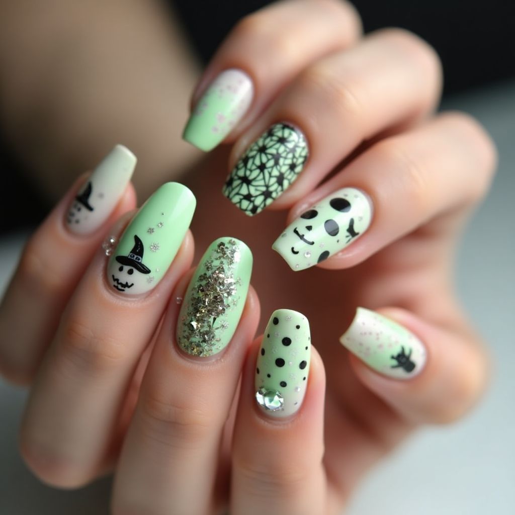 Pastel Green Halloween Nail Design