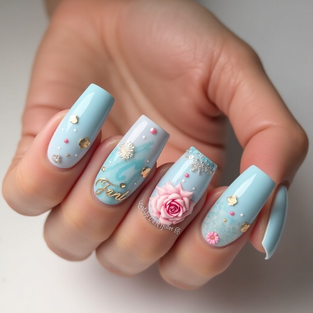 Pastel Blue Valentine's Day Nail Design